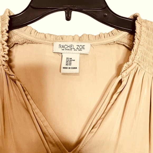 Rachel Zoe Blouse Womens M Tan Ruffle Pleated Tassel Boho Neutral Flowy Career - Picture 4 of 10